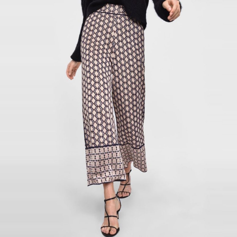 NWOT Zara Geometric Zig Zag Gold Palazzo Pants